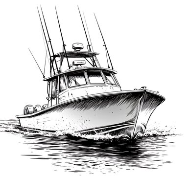 Striking black and white illustration of a sport fishing boat in action on the water.