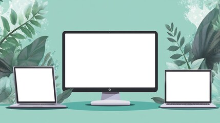 Mockup devices display with lush green leaves for digital presentation