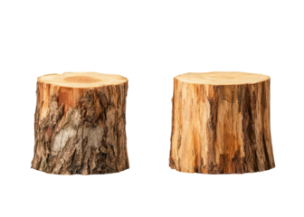 Two tree stumps isolated on transparent background. Natural wood cut logs for decoration.