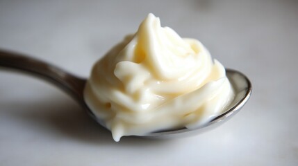 A spoonful of thick, rich mayonnaise resting on a white surface, showcasing its glossy texture.