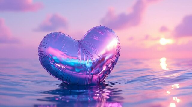 Beautiful Heart Shaped Balloon Floating in a Purple Neon Ocean with Sunset.