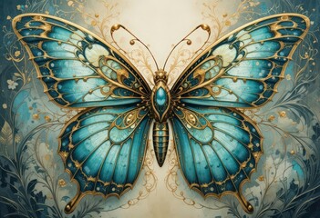  Nouveau Butterfly Design Teal and Gold Watercolor Details