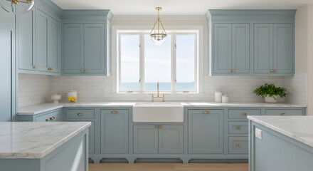 Coastal Cottage Kitchen With Blue Cabinets And Marble Countertops Design