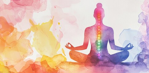 In a stock horizontal illustration, a figure in a meditation pose is silhouetted against the vibrant colors of a galaxy nebula, embodying Zen and the quest for self-knowledge and spiritual well-being