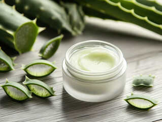 Natural aloe vera gel in container with aloe leaves nearby
