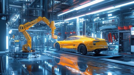 Robotic arm painting cars in high-tech automotive factory futuristic environment gigapixel standard scale