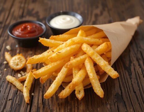 Golden, crispy French fries served in a brown paper cone, accompanied by ketchup and mayonnaise on a dark wooden table.