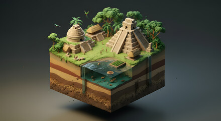 Isometric Ancient Mayan Civilization Diorama