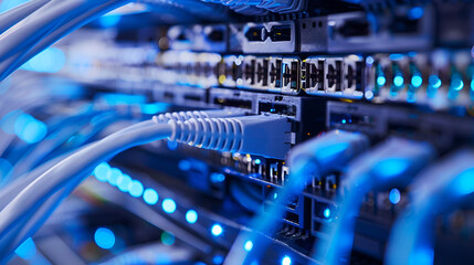 Professional network server rack with glowing blue lights and cables