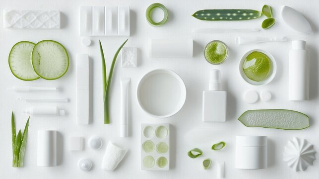 A top-down view of aloe vera-infused skincare products arranged aesthetically on a white background