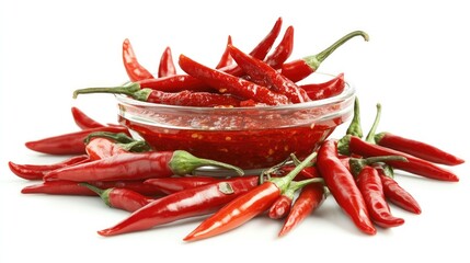 A vibrant red chili sauce in a glass dish, surrounded by fresh chili peppers on a white background