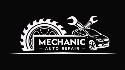 Mechanic Auto Repair Logo Design Gear, Wrench, and Car Illustration