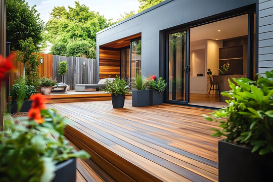 The renovation of a modern home extension in Melbourne includes the addition of a deck, patio, and courtyard area.
