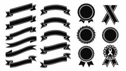 Collection of Black and White Ribbons and Award Medals Design Elements for Awards, Certificates, and More