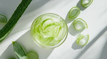 Obraz premium Aloe vera gel in a clear bowl, placed beside sliced aloe leaves, showcasing its organic skincare properties