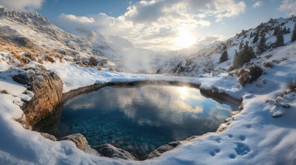 Obraz premium Frozen Alpine Lake Landscape: Serene Winter Scenery with Snow-Covered Mountains and Reflective Water Surface.