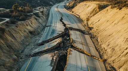 An aerial view of a destroyed highway with a giant crack running through it, revealing the power of nature force