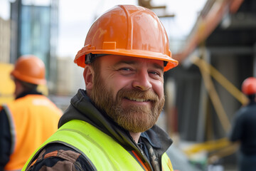 Smiling Construction Worker in Safety Gear at Active Job Site Building with Confidence