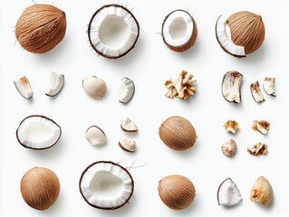 Whole Coconuts Halves Pieces Brown White Tropical Nuts Food Ingredients Natural Organic Healthy Diet Snack Fresh Summer Exotic Fruit Top Oil Life View