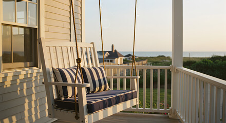 Inviting Coastal Cottage Porch Swing with Navy and White Striped Cushion