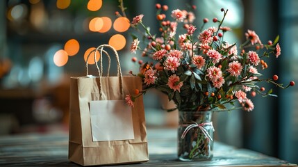 Gift bag tissue paper and Thank You note on festive table copy space on the right side