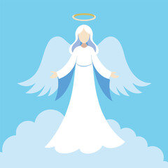 An ethereal angel with flowing robes and a glowing halo, surrounded by heavenly clouds Annunciation, religion, bible, christianity concept.