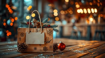 Gift bag tissue paper and Thank You note on festive table copy space on the right side