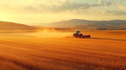 Fototapeta premium A tractor harvests a golden wheat field in a golden-hour landscape. Dust kicks up behind the tractor against a backdrop of distant mountains.