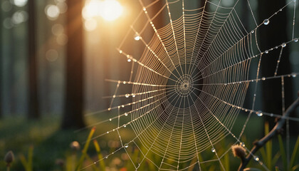 Close-up of dew-covered spider web with blurred forest background.


