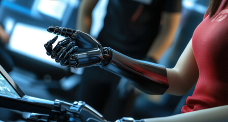 Close-up of robotic arm interacting with digital screen, futuristic technology, AI innovation, human-machine interface, and advanced robotics in high-tech environment.