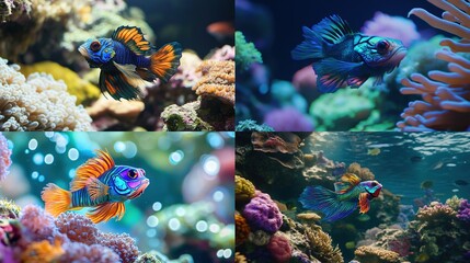 Fototapeta premium Vibrant mandarin fish in diverse coral reef habitats.