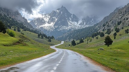 Winding mountain road under dramatic sky