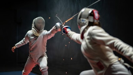 Intense fencing duel in arena with protective uniforms and swords