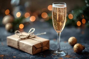 Gift box beside champagne flute clean surface for chic engagement wish card copy space on the right side