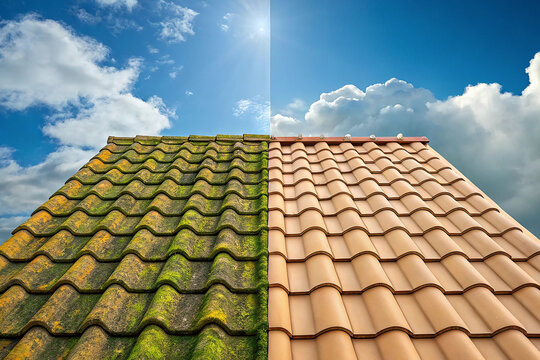 Roof Cleaning Before & After Transform Your Home's Exterior with Professional Roof Cleaning Services.  Moss Removal, Algae Treatment, and Roof Restoration for a Sparkling Clean and Renewed Roof