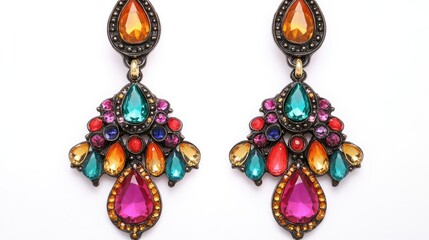 Fashionable statement earrings with colorful gemstones, set against a bright white background to highlight details
