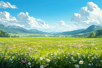 Fototapeta premium Vibrant flower field with a bird soaring above.