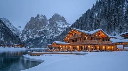 Alpine chalet restaurant on frozen lake at twilight