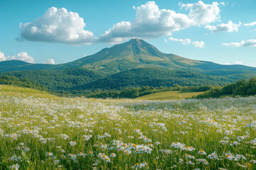 Fototapeta premium Vibrant field of flowers with a majestic mountain backdrop.