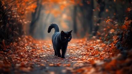 A majestic black cat with piercing yellow eyes strolls down a leaf-covered path in an autumnal forest, its sleek fur contrasting beautifully with the vibrant orange and red