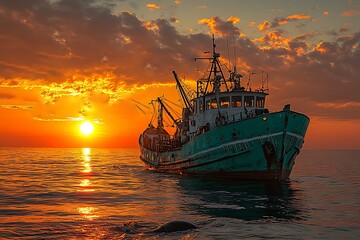Obraz premium Fishing Boat at Sea Against an Orange Sunset Sky and Waterscape Scenery.