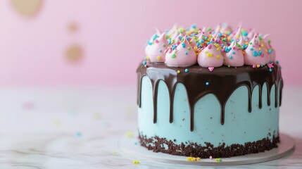 Mockup of a birthday cake with dripping chocolate glaze, editable for branding, on a marble surface with soft pastel hues
