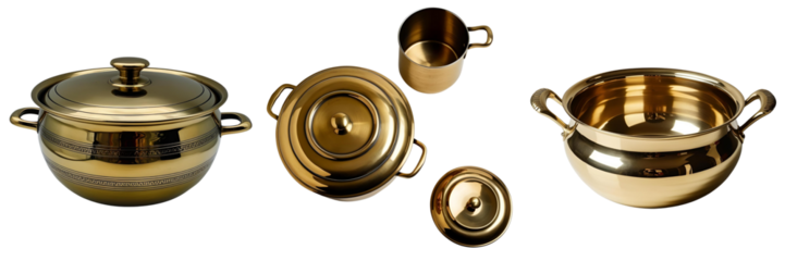 Set of A photo of a color Shiny brass cooking pot isolated on a transparent background