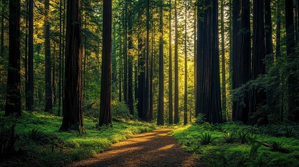 Fototapeta premium A sunlit path winds through a dense and towering forest