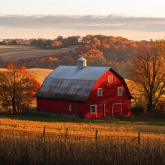 Obraz premium A picturesque red barn stands proudly in a vibrant autumnal landscape, surrounded by golden fields and colorful trees under a soft morning light.