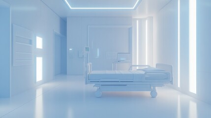 Modern hospital patient bed mockup in a clean, well-lit medical room with white walls
