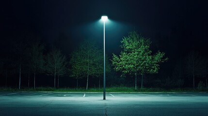 Outdoor emergency floodlight mounted on a pole, illuminating a parking lot at night for security