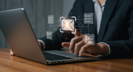  Email Management: Businessman Handling Tasks, Inbox Optimization & Workflow Automation on Laptop. Enhance Productivity & Streamline Communication.