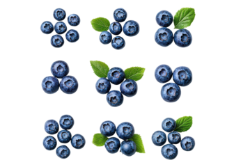 Blueberries with leaves isolated on transparent background. Fresh and juicy forest berries. Healthy food concept.