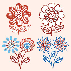 Stylized Flower Illustrations in Red and Blue